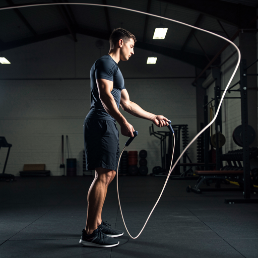 young man doing release mic with long jump rope in gym