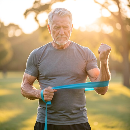 older man holding resistance band outdoors